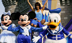 Mickey, Minnie and Donald dance and sing at the Dream Along with Mickey show which is live at the Magic Kingdom theme park.